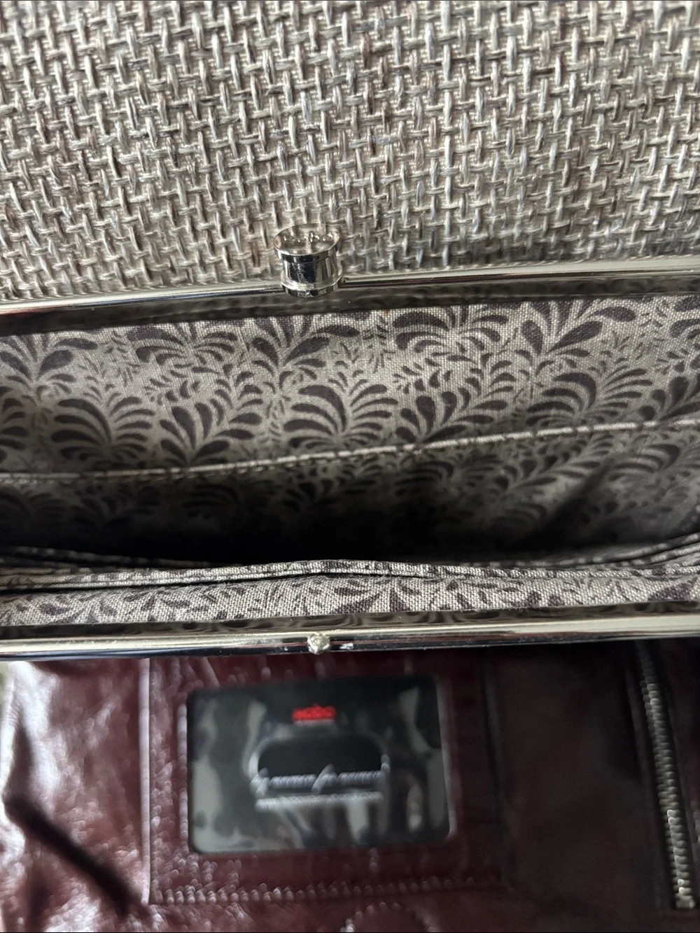 HOBO Lauren Embossed Floral Leather Kiss-Lock Clutch in Burgundy
